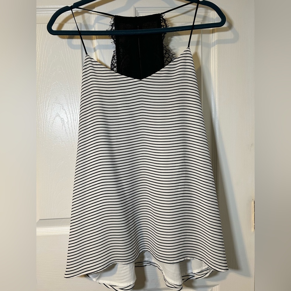 Express tank top blouse in white and black stripes with black lace back, size L